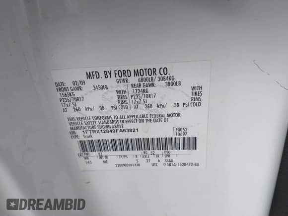 2009 Ford F-150 STX with VIN 1FTRX12849FA63821, listed as a IAAI auction lot 42164385 with 199,882 mi miles and . Bid and sale history available at DreamBid. Image 9.