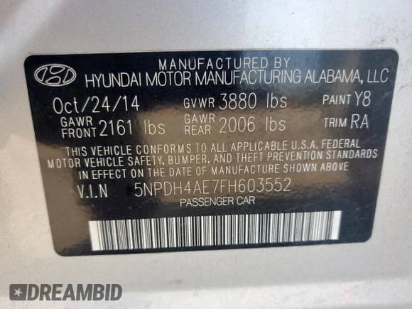 2015 Hyundai Elantra SE with VIN 5NPDH4AE7FH603552, listed as a Copart auction lot 72009545 with 83,986 mi miles and Salvage title. Bid and sale history available at DreamBid. Image 12.