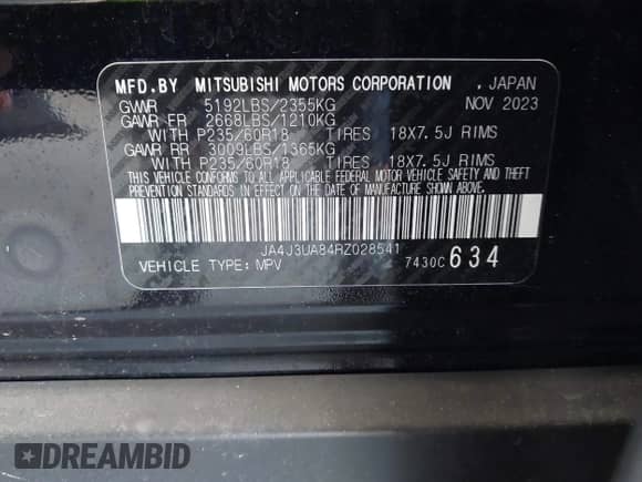 2024 Mitsubishi Outlander ES with VIN JA4J3UA84RZ028541, listed as a IAAI auction lot 42525288 with 36,240 mi miles and . Bid and sale history available at DreamBid. Image 9.