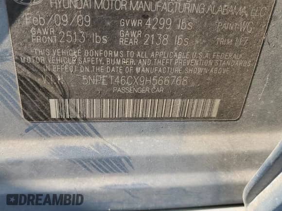 2009 Hyundai Sonata GLS with VIN 5NPET46CX9H566768, listed as a Copart auction lot 80718645 with 143,616 mi miles and Salvage title. Bid and sale history available at DreamBid. Image 13.