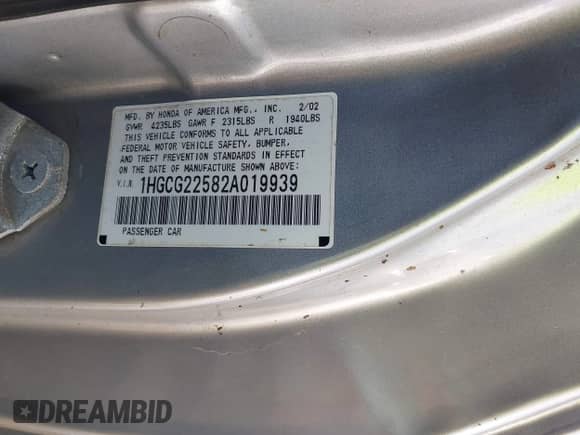 2002 Honda Accord EX with VIN 1HGCG22582A019939, listed as a IAAI auction lot 42667197 with 215,902 mi miles and . Bid and sale history available at DreamBid. Image 9.