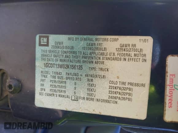 2002 Chevrolet S-10 LS с VIN 1GCDT13W02K156125, выставлен на аукционе IAAI как лот 41855072 с пробегом Не указан миль и . История ставок и продаж доступна на DreamBid. Изображение 9.