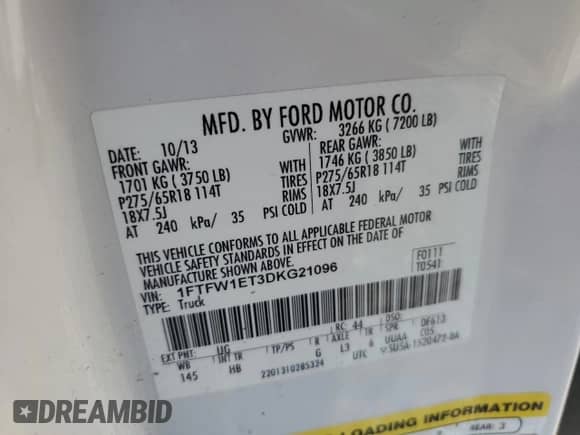 2013 Ford F-150 Lariat with VIN 1FTFW1ET3DKG21096, listed as a Copart auction lot 84642195 with 108,073 mi miles and Salvage title. Bid and sale history available at DreamBid. Image 12.