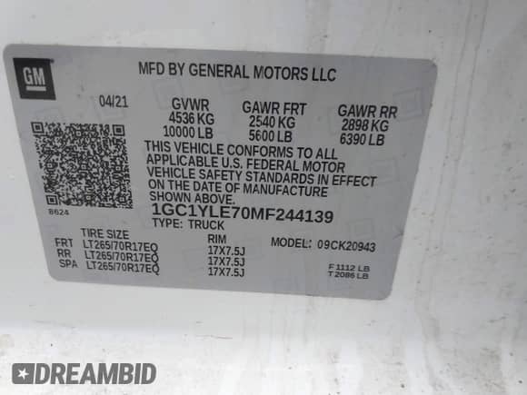 2021 Chevrolet Silverado 2500HD Work Truck z VIN 1GC1YLE70MF244139, wystawiony jako IAAI lot #41483907 z przebiegiem 135 838 mil mil oraz . Historia ofert i sprzedaży dostępna na DreamBid. Obrazek 9.