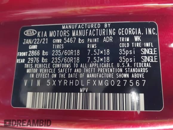 2021 Kia Sorento EX with VIN 5XYRHDLFXMG027567, listed as a IAAI auction lot 42418728 with 94,136 mi miles and . Bid and sale history available at DreamBid. Image 9.