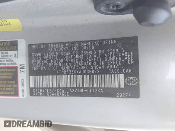 2010 Toyota Camry with VIN 4T1BF3EKXAU036822, listed as a IAAI auction lot 43452558 with 204,850 mi miles and . Bid and sale history available at DreamBid. Image 9.