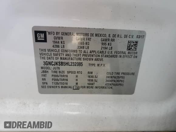 2017 Chevrolet Trax LS z VIN 3GNCJKSB5HL232085, wystawiony jako Copart lot #80180115 z przebiegiem 56 200 mil mil oraz Szkoda całkowita • Salvage title. Historia ofert i sprzedaży dostępna na DreamBid. Obrazek 13.