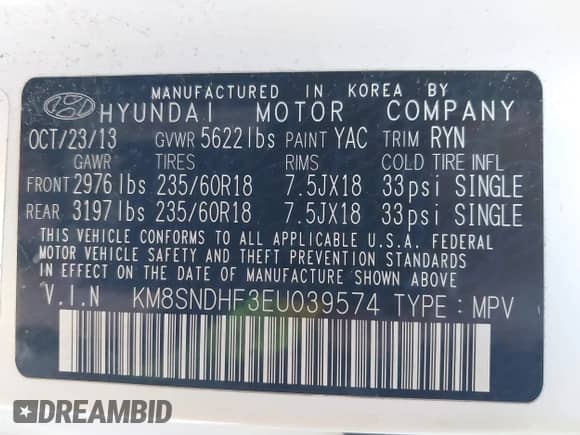 2014 Hyundai Santa Fe Limited с VIN KM8SNDHF3EU039574, выставлен на аукционе IAAI как лот 41689001 с пробегом 162 105 миль миль и . История ставок и продаж доступна на DreamBid. Изображение 9.