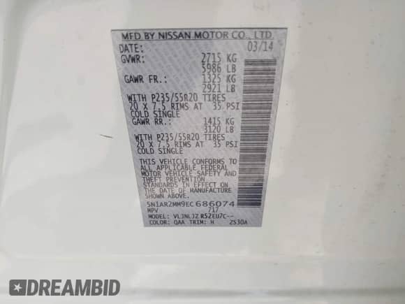 2014 Nissan Pathfinder SL with VIN 5N1AR2MM9EC686074, listed as a IAAI auction lot 42234599 with 113,493 mi miles and . Bid and sale history available at DreamBid. Image 9.