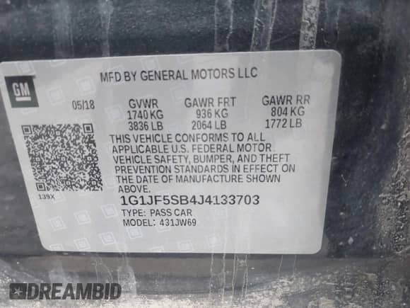 2018 Chevrolet Sonic Premier z VIN 1G1JF5SB4J4133703, wystawiony jako IAAI lot #42275127 z przebiegiem 116 298 mil mil oraz . Historia ofert i sprzedaży dostępna na DreamBid. Obrazek 9.