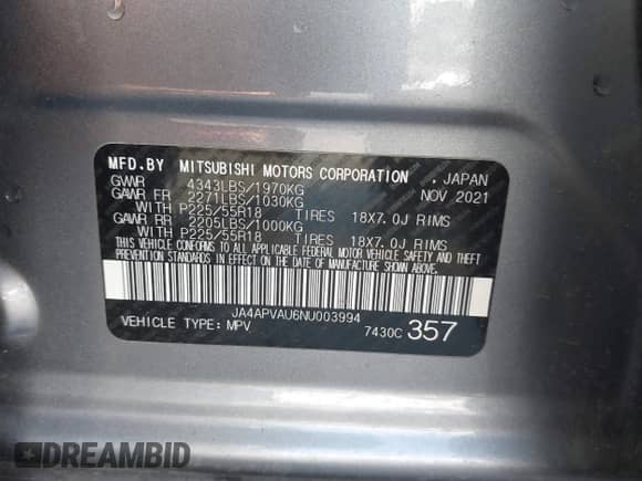 2022 Mitsubishi Outlander SE с VIN JA4APVAU6NU003994, выставлен на аукционе IAAI как лот 43133524 с пробегом 54 772 миль миль и . История ставок и продаж доступна на DreamBid. Изображение 9.