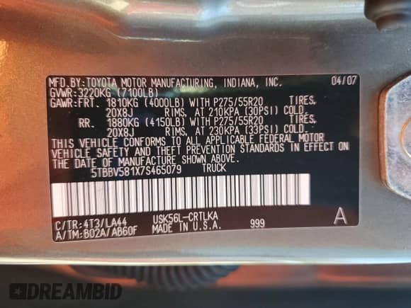 2007 Toyota Tundra Limited с VIN 5TBBV581X7S465079, выставлен на аукционе Copart как лот 80245355 с пробегом 203 592 миль миль и Списание • Salvage title. История ставок и продаж доступна на DreamBid. Изображение 12.
