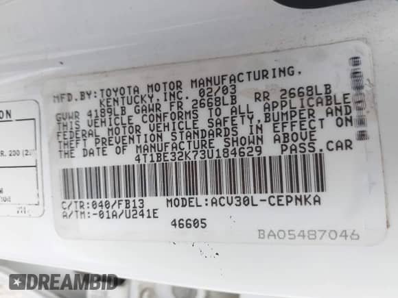 2003 Toyota Camry LE with VIN 4T1BE32K73U184629, listed as a IAAI auction lot 43380118 with 201,984 mi miles and . Bid and sale history available at DreamBid. Image 9.