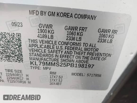 2023 Chevrolet TrailBlazer LS with VIN KL79MMS25PB198197, listed as a IAAI auction lot 42120418 with 6,503 mi miles and . Bid and sale history available at DreamBid. Image 9.