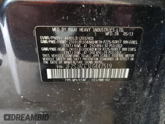 2014 Subaru Forester Premium with VIN JF2SJACC3EG447519, listed as a Copart auction lot 66561035 with 119,986 mi miles and Salvage title. Bid and sale history available at DreamBid. Image 13.