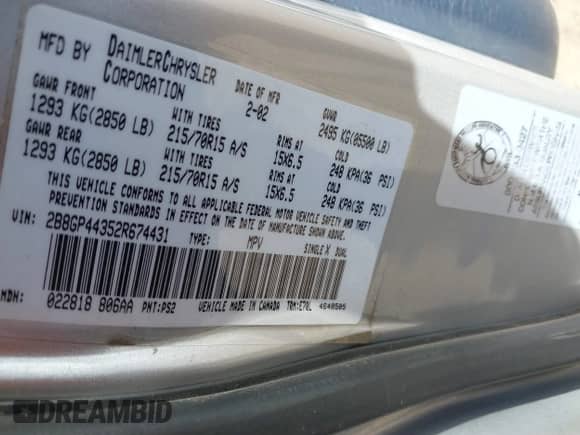 2002 Dodge Caravan Sport with VIN 2B8GP44352R674431, listed as a IAAI auction lot 40952145 with 115,989 mi miles and . Bid and sale history available at DreamBid. Image 9.