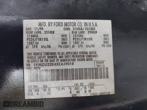 1999 Ford Explorer XLT с VIN 1FMZU32E4XZA39018, выставлен на аукционе IAAI как лот 43383234 с пробегом 193 904 миль миль и . История ставок и продаж доступна на DreamBid. Изображение 9.