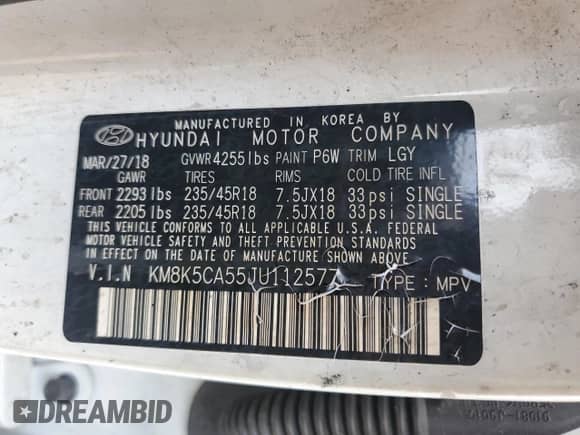 2018 Hyundai Kona Ultimate с VIN KM8K5CA55JU112577, выставлен на аукционе Copart как лот 59208215 с пробегом Не указан миль и Списание • Salvage title. История ставок и продаж доступна на DreamBid. Изображение 13.