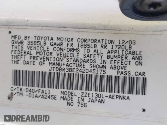 2004 Toyota Corolla CE with VIN JTDBR38E242045175, listed as a IAAI auction lot 43019661 with 135,473 mi miles and . Bid and sale history available at DreamBid. Image 9.