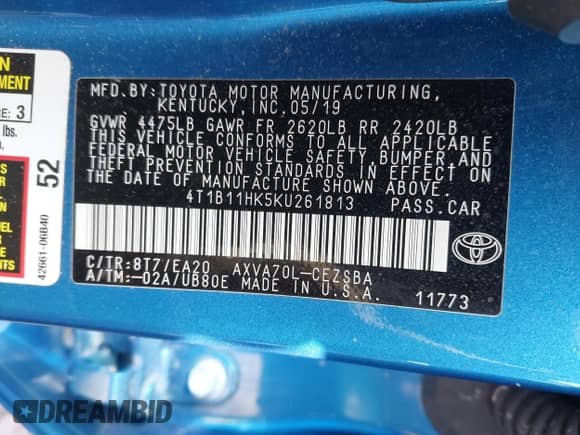 2019 Toyota Camry SE z VIN 4T1B11HK5KU261813, wystawiony jako IAAI lot #43349511 z przebiegiem 38 442 mil mil oraz . Historia ofert i sprzedaży dostępna na DreamBid. Obrazek 9.