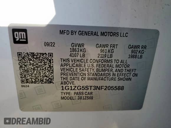 2022 Chevrolet Malibu RS с VIN 1G1ZG5ST3NF205588, выставлен на аукционе Copart как лот 80372605 с пробегом 70 636 миль миль и Списание • Salvage title. История ставок и продаж доступна на DreamBid. Изображение 12.