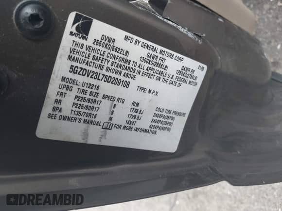 2005 Saturn Relay 3 with VIN 5GZDV23L75D209108, listed as a IAAI auction lot 42177295 with 235,081 mi miles and . Bid and sale history available at DreamBid. Image 9.