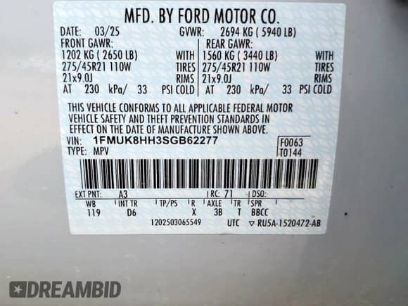 2025 Ford Explorer Platinum with VIN 1FMUK8HH3SGB62277, listed as a Copart auction lot 57394655 with 1,893 mi miles and Salvage title. Bid and sale history available at DreamBid. Image 14.