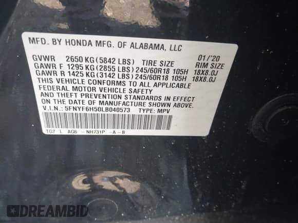 2020 Honda Pilot EX-L с VIN 5FNYF6H50LB040573, выставлен на аукционе IAAI как лот 42649262 с пробегом 101 785 миль миль и . История ставок и продаж доступна на DreamBid. Изображение 9.