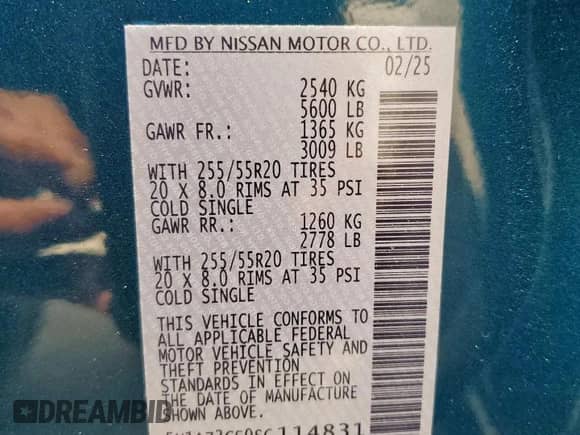 2025 Nissan Murano SL with VIN 5N1AZ3CS0SC114831, listed as a Copart auction lot 58198635 with 1,622 mi miles and Salvage title. Bid and sale history available at DreamBid. Image 13.