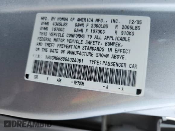 2006 Honda Accord EX-L z VIN 1HGCM66896A024061, wystawiony jako Copart lot #62423045 z przebiegiem 199 065 mil mil oraz Nie do naprawy • Non repairable. Historia ofert i sprzedaży dostępna na DreamBid. Obrazek 12.