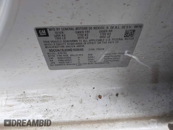 2017 Chevrolet Silverado 1500 High Country with VIN 3GCUKTEJ0HG169649, listed as a IAAI auction lot 43232379 with Not provided miles and . Bid and sale history available at DreamBid. Image 9.