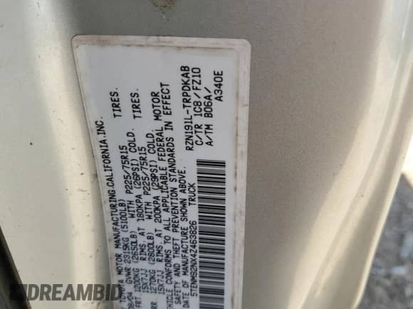 2004 Toyota Tacoma PreRunner z VIN 5TENM92NX4Z463826, wystawiony jako Copart lot #47386745 z przebiegiem 247 951 mil mil oraz Szkoda całkowita • Salvage title. Historia ofert i sprzedaży dostępna na DreamBid. Obrazek 12.