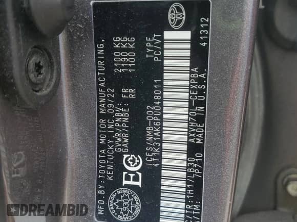 2023 Toyota Camry Hybrid XSE с VIN 4T1K31AK6PU048011, выставлен на аукционе Copart как лот 53983115 с пробегом 195 772 миль миль и Списание • Salvage title. История ставок и продаж доступна на DreamBid. Изображение 13.
