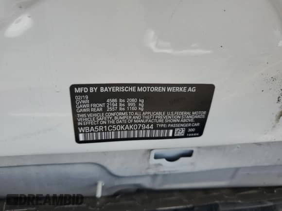 2019 BMW 3 Series 330i with VIN WBA5R1C50KAK07944, listed as a Copart auction lot 80189305 with Not provided miles and Salvage title. Bid and sale history available at DreamBid. Image 13.