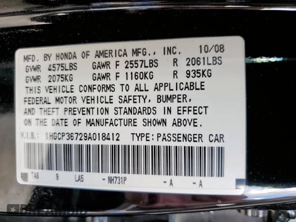 2009 Honda Accord EX с VIN 1HGCP36729A018412, выставлен на аукционе Copart как лот 68386185 с пробегом 99 198 миль миль и Списание • Salvage title. История ставок и продаж доступна на DreamBid. Изображение 12.