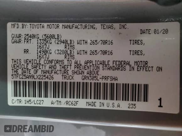 2020 Toyota Tacoma TRD Off Road с VIN 5TFCZ5AN9LX225426, выставлен на аукционе Copart как лот 85274475 с пробегом 55 086 миль миль и Списание • Salvage title. История ставок и продаж доступна на DreamBid. Изображение 13.