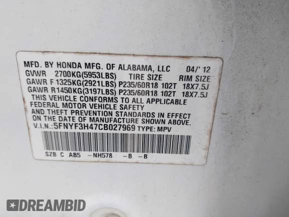 2012 Honda Pilot EX с VIN 5FNYF3H47CB027969, выставлен на аукционе IAAI как лот 43140940 с пробегом 248 240 миль миль и . История ставок и продаж доступна на DreamBid. Изображение 9.