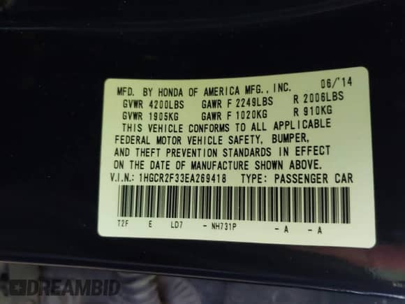 2014 Honda Accord LX с VIN 1HGCR2F33EA269418, выставлен на аукционе IAAI как лот 43386030 с пробегом 148 514 миль миль и . История ставок и продаж доступна на DreamBid. Изображение 9.