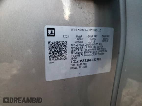 2024 Chevrolet Malibu LT with VIN 1G1ZD5ST2RF183792, listed as a Copart auction lot 89876735 with 49,701 mi miles and Non repairable. Bid and sale history available at DreamBid. Image 12.