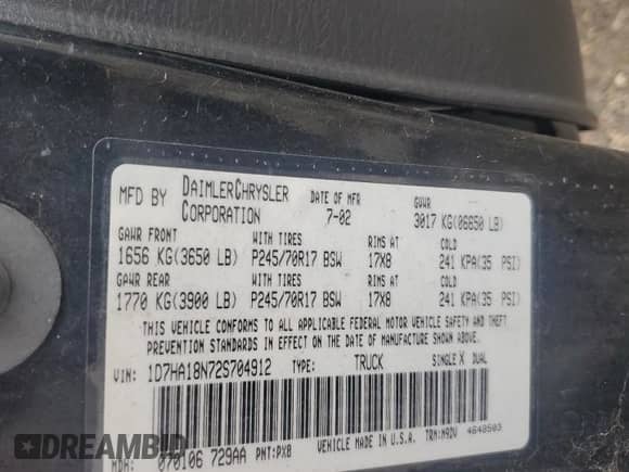 2002 Dodge 1500 z VIN 1D7HA18N72S704912, wystawiony jako Copart lot #55903495 z przebiegiem 174 829 mil mil oraz Czysty tytuł • Clean title. Historia ofert i sprzedaży dostępna na DreamBid. Obrazek 12.