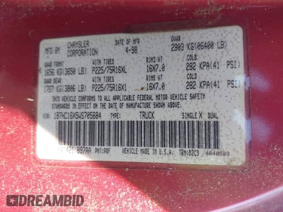 1998 Dodge 1500 with VIN 1B7HC16X5WS705684, listed as a IAAI auction lot 42815377 with 78,396 mi miles and . Bid and sale history available at DreamBid. Image 9.