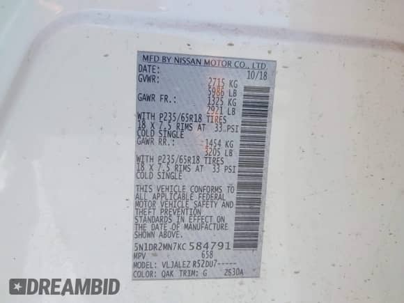 2019 Nissan Pathfinder SV с VIN 5N1DR2MN7KC584791, выставлен на аукционе IAAI как лот 42533680 с пробегом 57 943 миль миль и . История ставок и продаж доступна на DreamBid. Изображение 9.