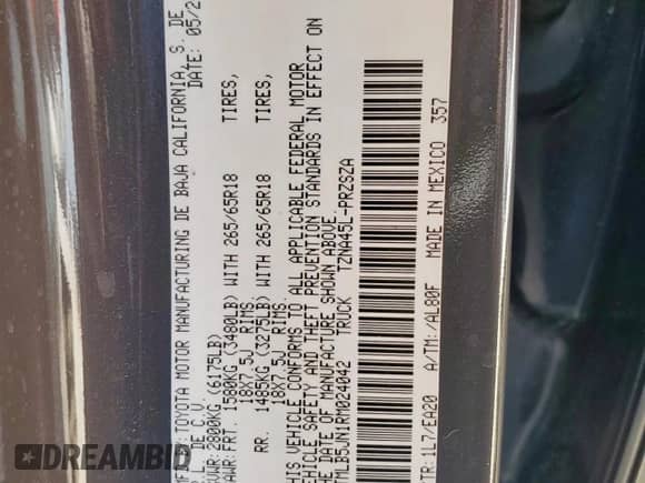 2024 Toyota Tacoma SR5 with VIN 3TMLB5JN1RM024042, listed as a Copart auction lot 70640855 with 23,853 mi miles and Salvage title. Bid and sale history available at DreamBid. Image 12.