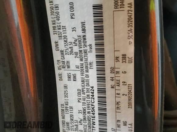 2019 Ford F-150 XLT with VIN 1FTFW1E45KFC24424, listed as a Copart auction lot 86892855 with 139,533 mi miles and Clean title. Bid and sale history available at DreamBid. Image 12.