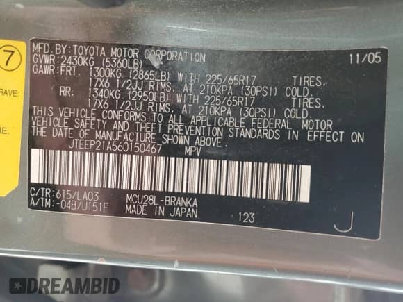 2006 Toyota Highlander w/3rd Row with VIN JTEEP21A560150467, listed as a Copart auction lot 90085655 with 128,108 mi miles and Clean title. Bid and sale history available at DreamBid. Image 13.