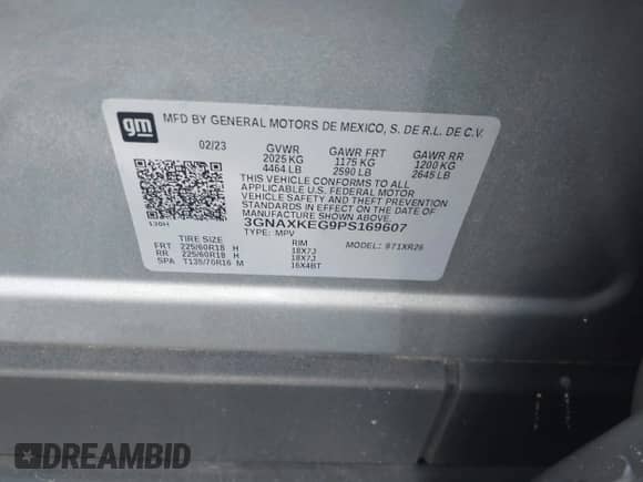 2023 Chevrolet Equinox LT с VIN 3GNAXKEG9PS169607, выставлен на аукционе IAAI как лот 43020872 с пробегом 34 338 миль миль и . История ставок и продаж доступна на DreamBid. Изображение 9.