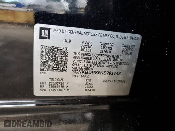 2019 Chevrolet Blazer with VIN 3GNKBDRS6KS701742, listed as a Copart auction lot 62751845 with 141,681 mi miles and Salvage title. Bid and sale history available at DreamBid. Image 12.