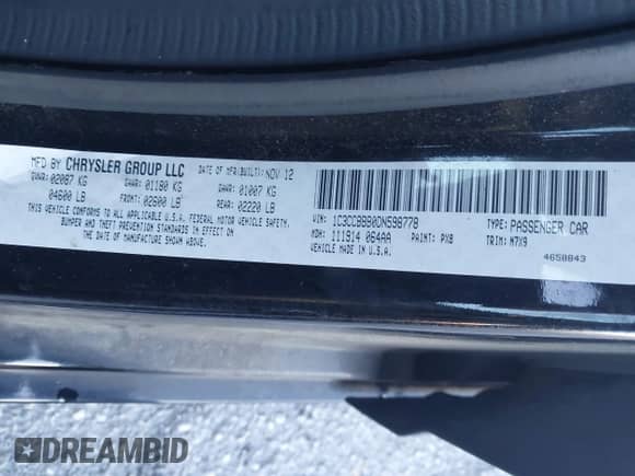 2013 Chrysler 200 Touring with VIN 1C3CCBBB0DN598778, listed as a IAAI auction lot 43506247 with 145,710 mi miles and . Bid and sale history available at DreamBid. Image 9.