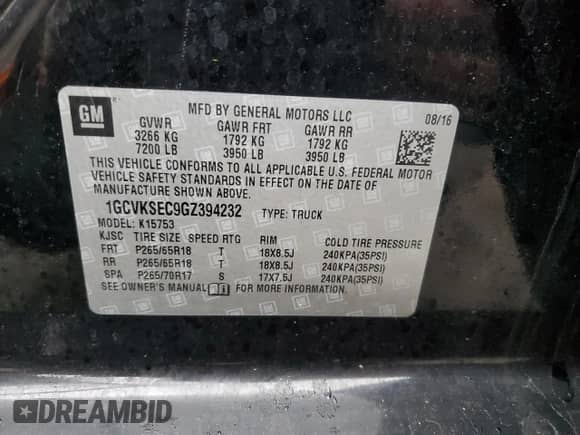 2016 Chevrolet Silverado 1500 LTZ with VIN 1GCVKSEC9GZ394232, listed as a Copart auction lot 42374525 with 106,828 mi miles and Salvage title. Bid and sale history available at DreamBid. Image 12.