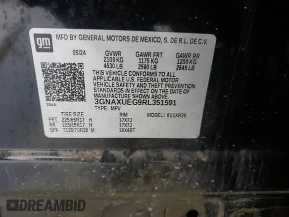 2024 Chevrolet Equinox LT с VIN 3GNAXUEG9RL351591, выставлен на аукционе Copart как лот 84615175 с пробегом Не указан миль и Списание • Salvage title. История ставок и продаж доступна на DreamBid. Изображение 13.